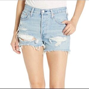 Levi's Taille Haute Line 501 High Waist Ripped Cutoff Denim Shorts Size 28